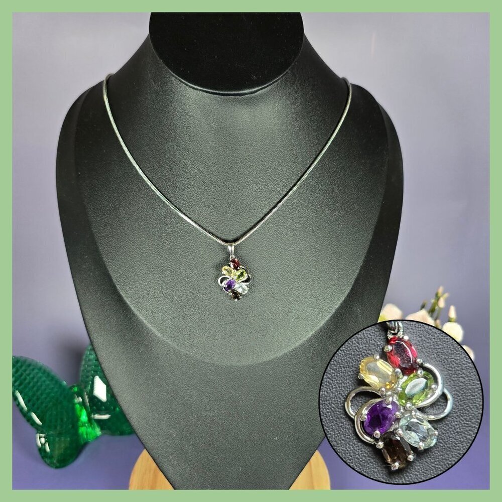 Multi Gemstone Cluster Pendant Necklace in Stainless Steel‎